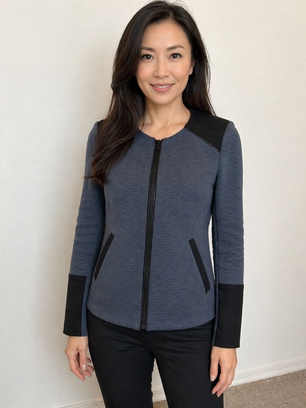 Laundry By Shelli Segal Navy Zip-Front Blazer with Black Trim